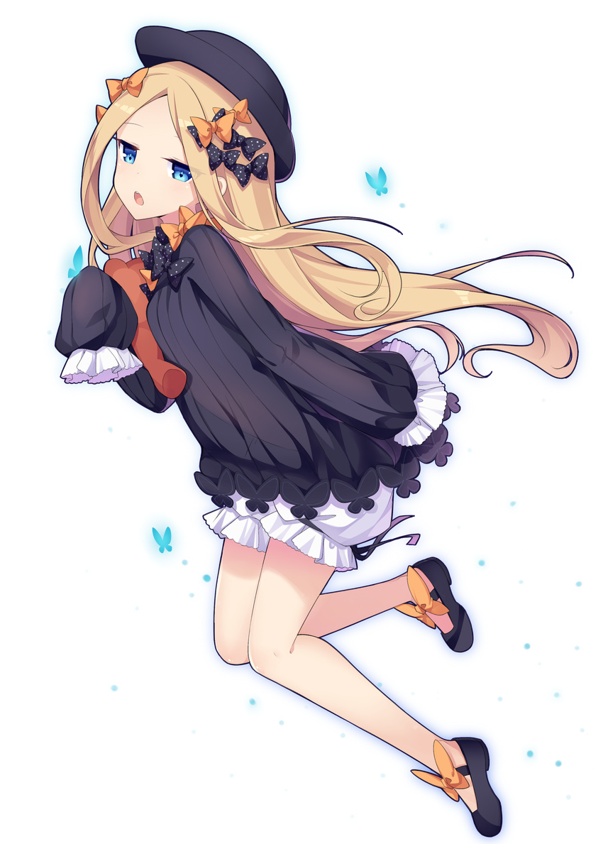 abigail_williams_(fate/grand_order) absurdres amemiya_ruki bangs black_bow black_dress black_footwear black_hat blonde_hair bloomers blue_eyes bow bug butterfly commentary dress fate/grand_order fate_(series) from_side full_body hair_bow hat highres insect long_hair long_sleeves looking_at_viewer looking_to_the_side object_hug orange_bow parted_bangs parted_lips polka_dot polka_dot_bow shoes sleeves_past_wrists solo stuffed_animal stuffed_toy teddy_bear transparent_background underwear upper_teeth very_long_hair white_bloomers