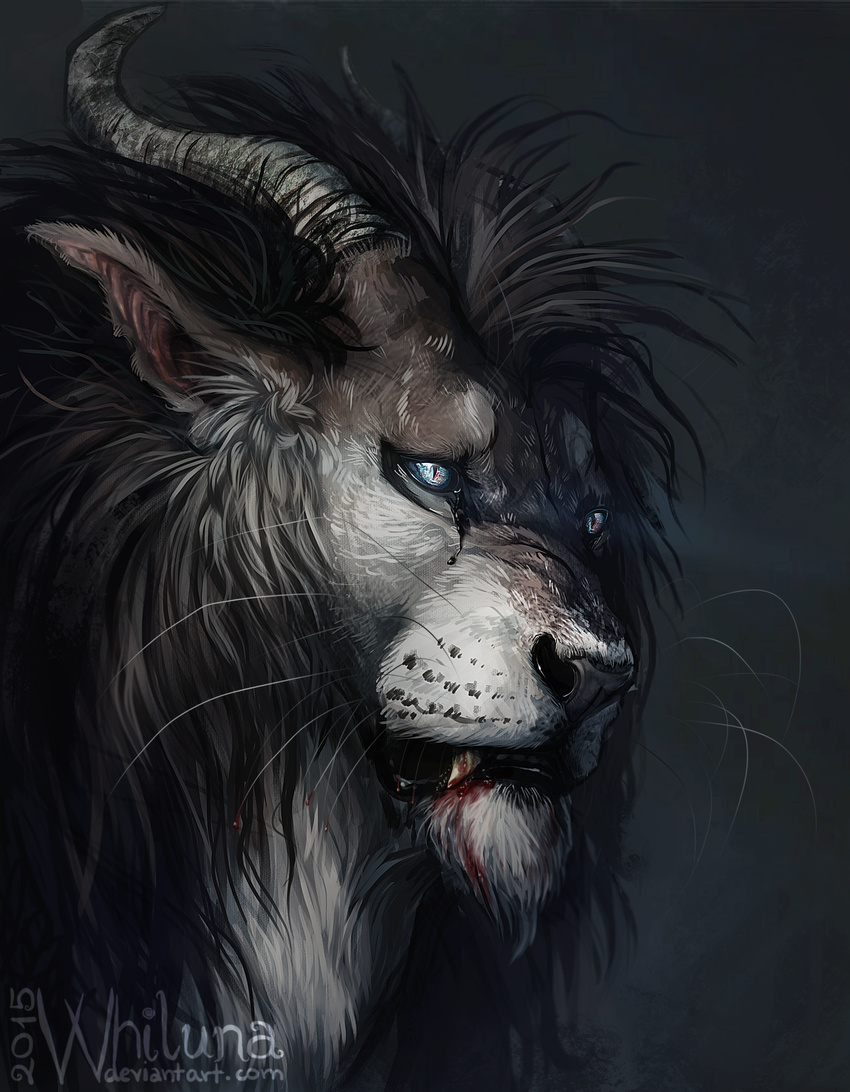 blood blue_eyes fangs feline glowing glowing_eyes horn hybrid lion mammal portrait whiluna