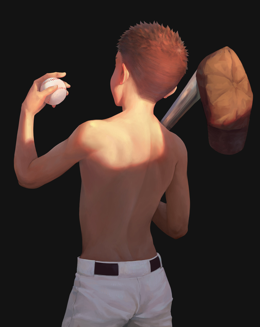 absurdres back ball baseball baseball_bat beitemian black_background brown_hat cowboy_shot facing_away flat_cap from_behind hand_up hat hat_removed headwear_removed highres holding holding_ball male_focus original red_hair shirtless simple_background solo spiked_hair standing sunlight