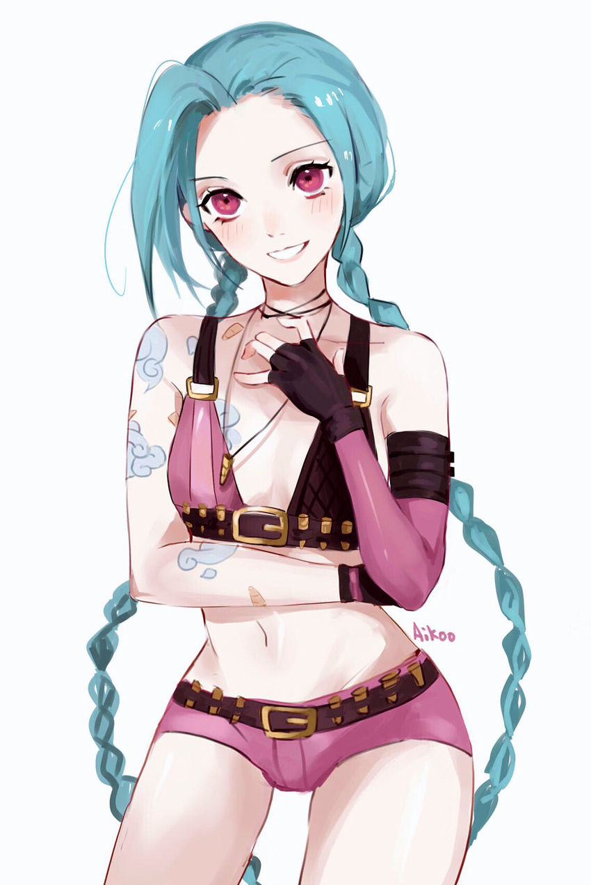 1girl absurdly_long_hair ammunition ammunition_belt arm_strap arm_tattoo asymmetrical_gloves bare_shoulders belt belt_buckle bikini_top blue_hair blush buckle bullet bullet_necklace fingerless_gloves gloves jinx_(league_of_legends) league_of_legends lipstick long_hair mismatched_gloves necklace pink_eyes pink_legwear short_shorts shorts single_thighhigh smile solo stomach_tattoo tattoo twin_braids very_long_hair