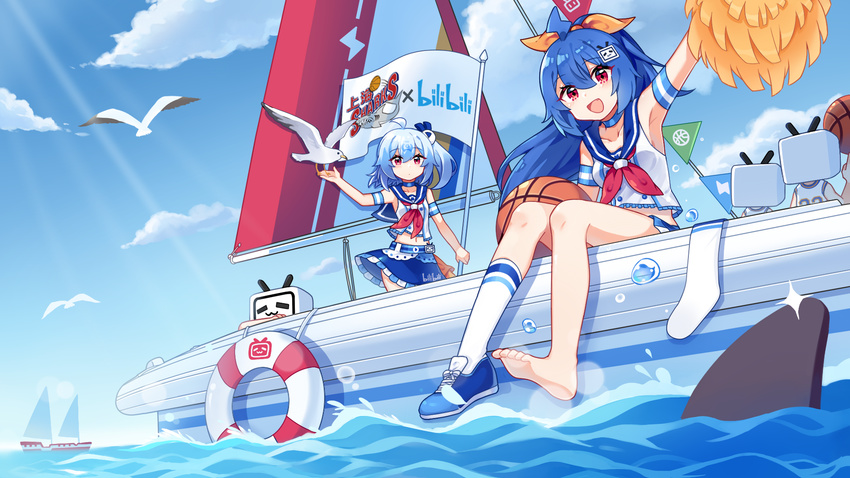 ball basketball bili_girl_22 bili_girl_33 bilibili_douga bird blue_hair blue_skirt blush boat closed_mouth cloud cloudy_sky collarbone day eyebrows_visible_through_hair flag highres holding holding_ball kneehighs long_hair looking_at_viewer multiple_girls navel official_art open_mouth outdoors ponytail red_eyes seagull shanghai_sharks sharlorc shoes shoes_removed short_hair short_ponytail side_ponytail single_shoe single_sock sitting skirt sky smile socks socks_removed wallpaper watercraft white_legwear