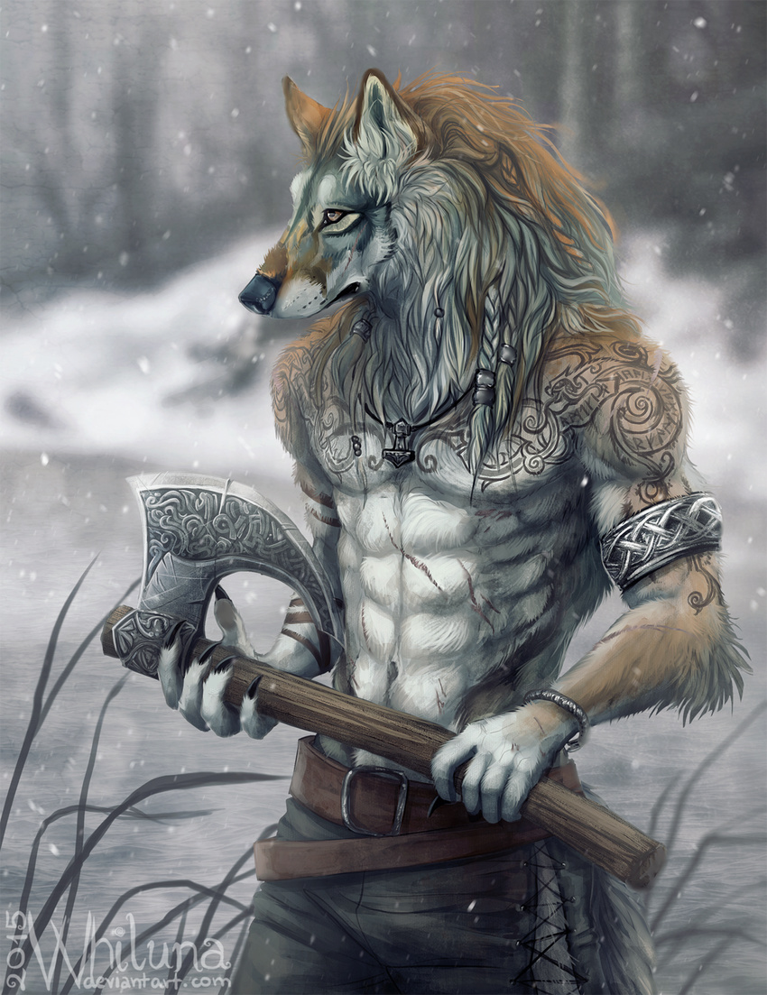 anthro armlet axe battle_axe belt bracelet braided_hair brown_fur canine claws clothed clothing fur grey_fur hair jewelry male mammal melee_weapon necklace pants scar snow tattoo topless viking weapon whiluna wolf