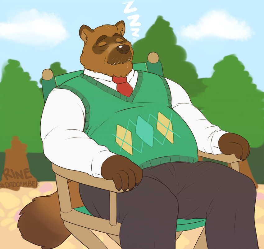 2017 animal_crossing anthro chair clothed clothing male mammal nintendo overweight overweight_male rine sitting sleeping solo tanuki tom_nook_(animal_crossing) video_games
