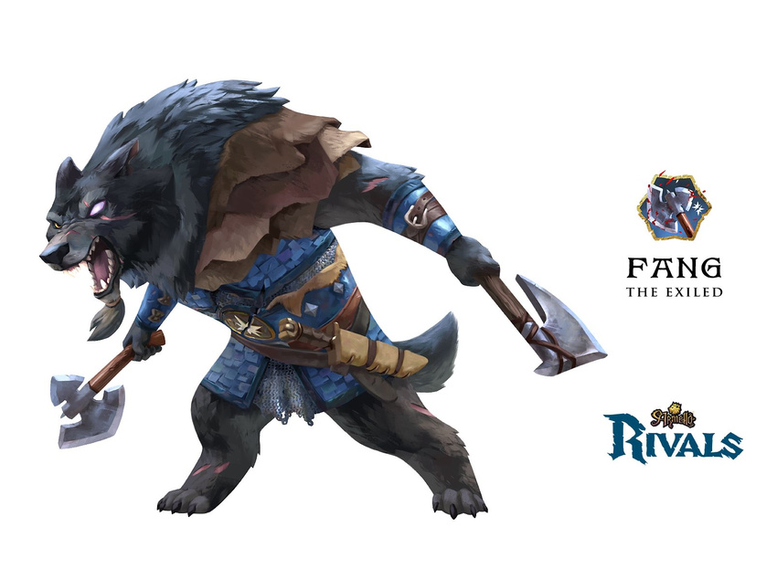anthro armello armor axe blind_eye blood canine claws english_text fang_(armello) fur grey_fur knife male mammal melee_weapon open_mouth scar sharp_teeth simple_background solo teeth text toe_claws weapon white_background wolf