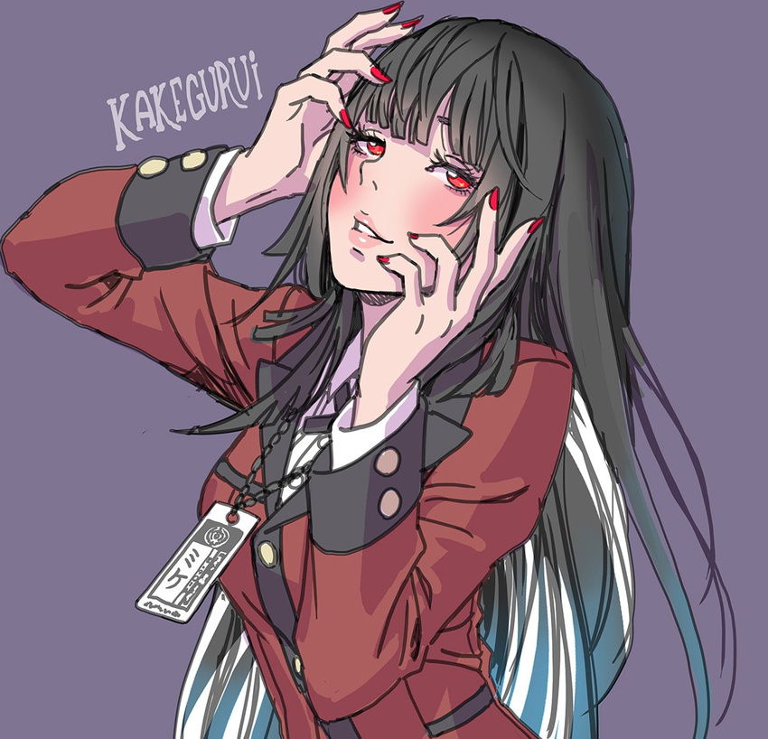 bangs black_hair blunt_bangs blush breasts commentary_request eyelashes hands_on_own_face hime_cut jabami_yumeko jewelry kakegurui lips long_hair long_sleeves looking_at_viewer medium_breasts nail_polish necklace parted_lips purple_background red_eyes school_uniform sketch smile solo suit_jacket upper_body very_long_hair yamashita_shun'ya