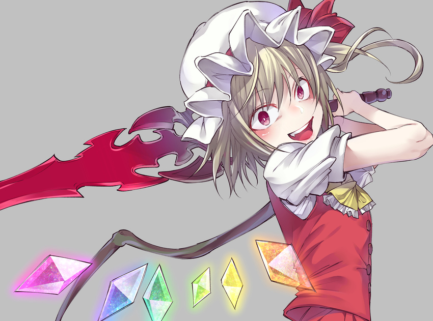 ascot bangs blonde_hair eyebrows_visible_through_hair fang flandre_scarlet grey_background hands_up hat hat_ribbon highres holding holding_sword holding_weapon laevatein long_hair looking_at_viewer mob_cap open_mouth red_eyes red_ribbon ribbon shiori_(moechin) short_sleeves simple_background smile solo sword teeth touhou upper_body vest weapon white_hat wings yellow_neckwear