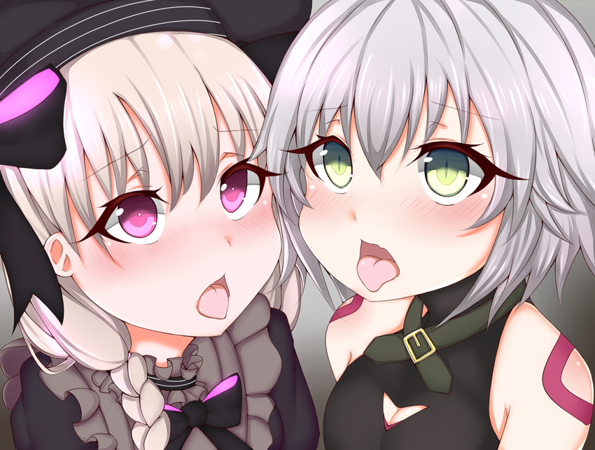 2girls akaki_tsubasa bare_shoulders black_bow black_hat blush bow braid breasts cleavage eyebrows_visible_through_hair fate/apocrypha fate/extra fate_(series) hair_between_eyes hair_bow hat jack_the_ripper_(fate/apocrypha) long_hair looking_at_viewer low_braid multiple_girls nose_blush nursery_rhyme_(fate/extra) open_mouth purple_eyes silver_hair small_breasts tattoo tongue tongue_out upper_body yellow_eyes