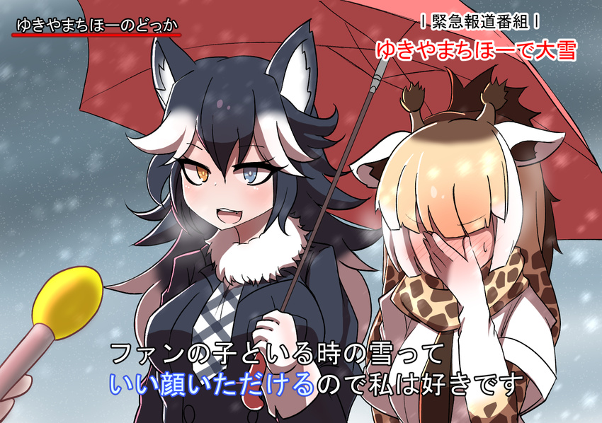 animal_ears black_hair blonde_hair blue_eyes blush breath brown_hair commentary covering_face embarrassed fang fur_collar giraffe_ears giraffe_horns giraffe_print grey_wolf_(kemono_friends) heterochromia holding holding_umbrella kemono_friends long_hair microphone multicolored_hair multiple_girls necktie print_scarf reticulated_giraffe_(kemono_friends) ryuusui_arumo scarf shared_umbrella snowing special_feeling_(meme) translated umbrella upper_body white_hair wolf_ears yellow_eyes