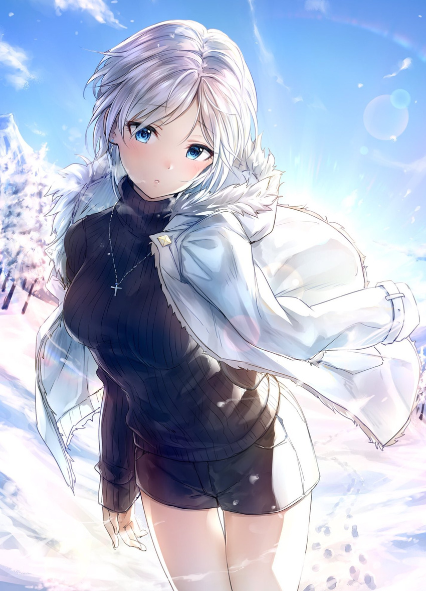 :o anastasia_(idolmaster) bangs black_shorts black_sweater blush breasts breath coat commentary cross cross_necklace day earrings eyebrows_visible_through_hair footprints fur-trimmed_coat fur_trim head_tilt highres hood hood_down hooded_coat idolmaster idolmaster_cinderella_girls jacket_on_shoulders jewelry lens_flare long_sleeves looking_at_viewer medium_breasts necklace outdoors parted_bangs parted_lips pendant ribbed_sweater short_hair shorts silver_hair sleeves_past_wrists solo sweater takeashiro thigh_gap tree tsurime turtleneck turtleneck_sweater winter winter_clothes winter_coat