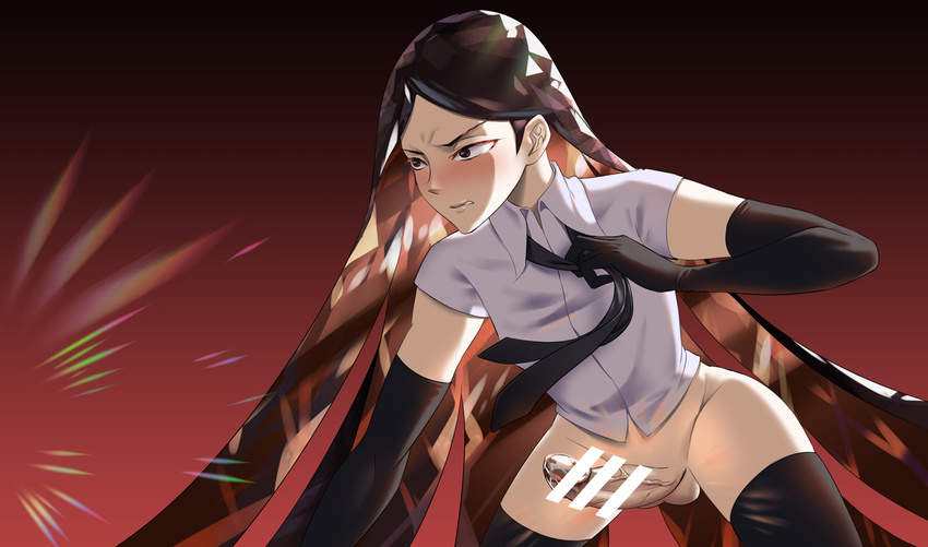 adjusting_clothes adjusting_necktie androgynous bad_id bad_pixiv_id bar_censor black_eyes black_gloves black_hair black_legwear black_neckwear blush bort bottomless brown_hair censored clenched_teeth elbow_gloves erection gloves guozi_li houseki_no_kuni humanization long_hair male_focus multicolored_hair necktie nose_blush penis shiny shirt solo teeth testicles thighhighs undone_necktie veins veiny_penis very_long_hair white_shirt