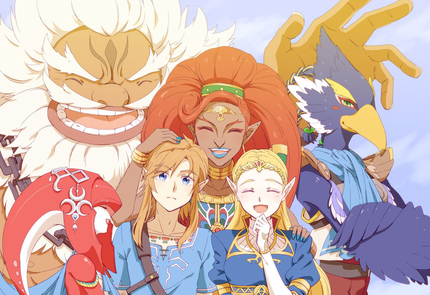 blonde_hair daruk fins fish_girl gerudo goron green_eyes link long_hair looking_at_viewer mipha monster_boy monster_girl multicolored multicolored_skin no_eyebrows pointy_ears princess_zelda red_skin revali saiba_(henrietta) sky smile the_legend_of_zelda the_legend_of_zelda:_breath_of_the_wild thick_eyebrows urbosa zora