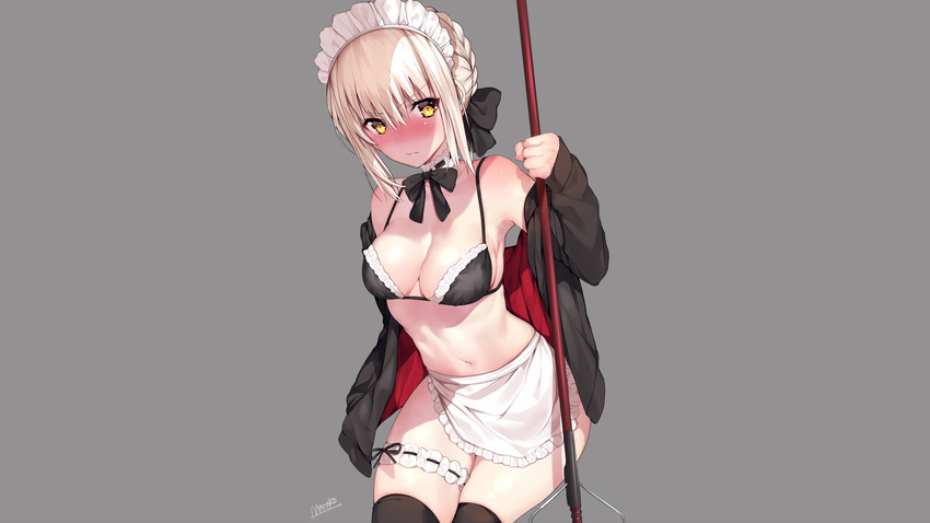 bikini blonde_hair blush bow braids breasts cleavage fate/grand_order fate_(series) garter gray headdress kneehighs matarou_(genkai_toppa) navel saber saber_alter signed swimsuit yellow_eyes