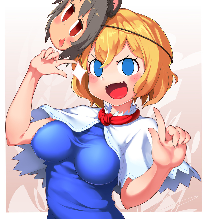:3 alice_margatroid blonde_hair blue_eyes blush breasts character_mask cookie_(touhou) eyebrows_visible_through_hair fangs highres index_finger_raised kofji_(cookie) looking_at_viewer mask mask_on_head medium_breasts nazrin open_mouth short_hair sinzen smile touhou v-shaped_eyebrows wavy_hair web_(cookie)