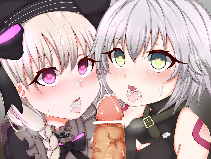 2girls akaki_tsubasa bar_censor bare_shoulders black_bow black_hat blush bow braid breasts censored cleavage cum cum_in_mouth cum_on_body cum_on_tongue cum_string eyebrows_visible_through_hair facial fate/apocrypha fate/extra fate_(series) hair_between_eyes hair_bow hat heart heart-shaped_pupils jack_the_ripper_(fate/apocrypha) long_hair low_braid multiple_girls nose_blush nursery_rhyme_(fate/extra) open_mouth penis pov pov_eye_contact purple_eyes silver_hair small_breasts symbol-shaped_pupils tattoo tongue tongue_out upper_body veins veiny_penis yellow_eyes