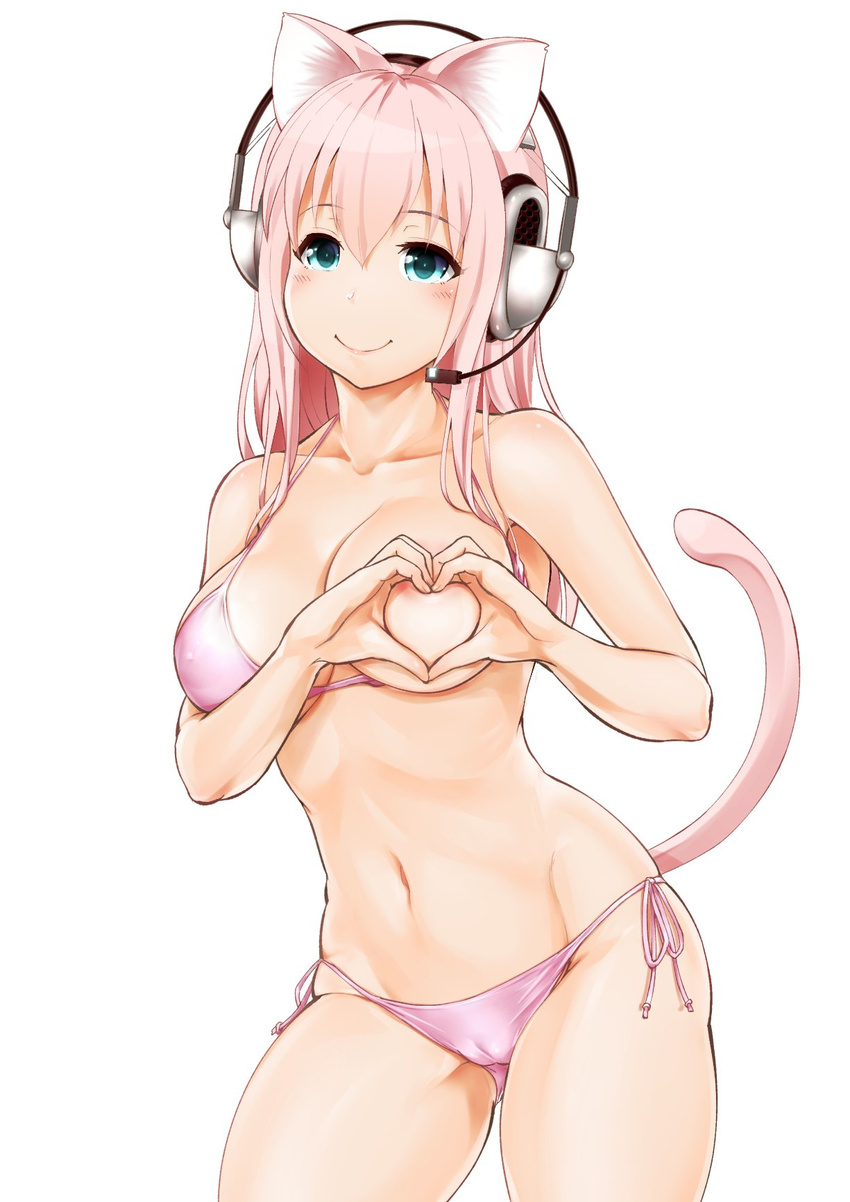 animal_ears aqua_eyes areolae ass_visible_through_thighs bikini breasts cameltoe cat_ears cat_tail cleavage closed_mouth collarbone contrapposto covered_nipples cowboy_shot ganari_ryuu halterneck headphones headset heart-shaped_boob_challenge highres large_breasts long_hair long_sleeves navel one_breast_out side-tie_bikini sidelocks simple_background smile solo standing string_bikini super_tama_musume swimsuit tail tamatoys thighs white_background