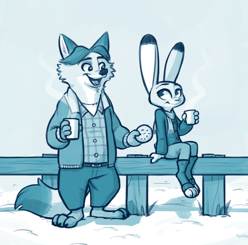 2017 anthro barefoot belt canine cheek_tuft claws clothed clothing dipstick_ears disney duo female fence food fox fuel_(artist) gideon_grey holding_cup holding_food holding_object judy_hopps lagomorph legwear male mammal monochrome open_jacket open_mouth open_smile rabbit scarf sitting smile socks standing toeless_socks tuft zootopia