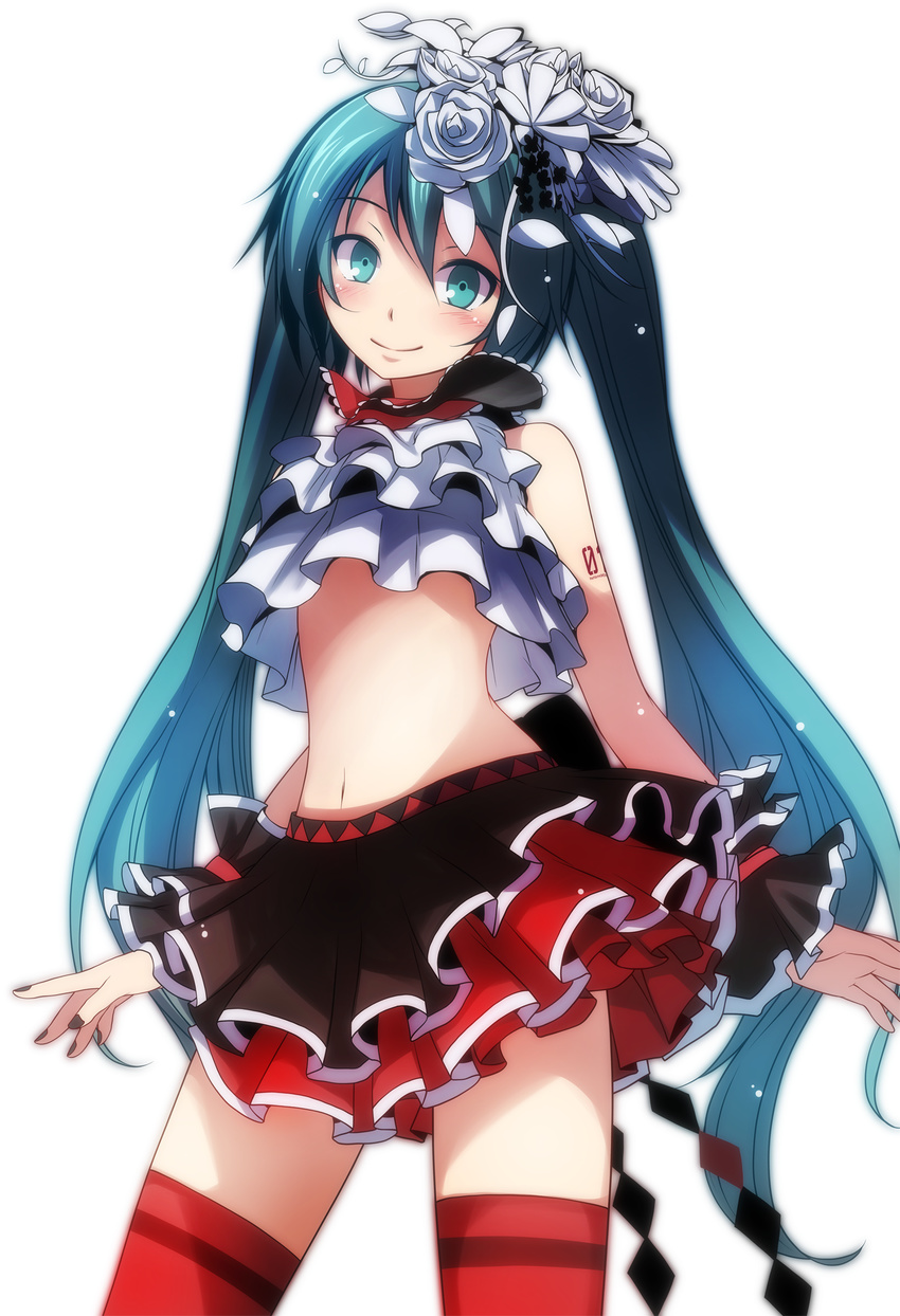 aqua_eyes aqua_hair arm_tattoo arms_at_sides black_nails bless_you_(module) blush contrapposto cowboy_shot flower hair_flower hair_ornament hatsune_miku highres long_hair nail_polish navel project_diva_(series) project_diva_f_2nd rose smile solo standing tattoo thighhighs tsukishiro_saika twintails very_long_hair vocaloid white_background white_flower white_rose