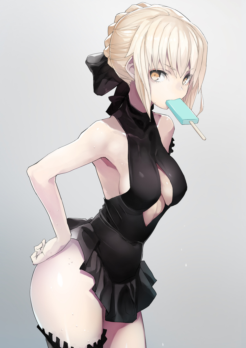 armpits artoria_pendragon_(all) artoria_pendragon_(swimsuit_rider_alter) bare_arms bare_shoulders black_bow black_dress blonde_hair bow braid breasts commentary_request cowboy_shot dress eyebrows_visible_through_hair eyes_visible_through_hair fate/grand_order fate_(series) food food_in_mouth grey_background hair_between_eyes hair_bow hair_bun hands_on_hips highres impossible_clothes looking_at_viewer medium_breasts mouth_hold popsicle simple_background solo standing taishi_(picchiridou) thighhighs yellow_eyes