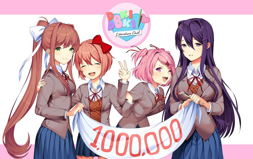:d arm_up bangs banner blazer blue_eyes blue_skirt blush bow breasts brown_hair closed_eyes closed_mouth collared_shirt commentary copyright_name cowboy_shot doki_doki_literature_club english_commentary eyebrows_visible_through_hair facing_viewer fang green_eyes grey_jacket hair_bow hair_ornament happy hits holding holding_paintbrush jacket large_breasts leaning_forward locked_arms long_hair long_sleeves looking_at_viewer medium_breasts monika_(doki_doki_literature_club) multiple_girls natsuki_(doki_doki_literature_club) neck_ribbon official_art one_eye_closed open_blazer open_clothes open_jacket open_mouth paintbrush pink_eyes pink_hair pleated_skirt ponytail purple_eyes purple_hair red_bow red_neckwear red_ribbon ribbon round_teeth satchely sayori_(doki_doki_literature_club) school_uniform shirt short_hair sidelocks simple_background skirt small_breasts smile standing tareme teeth two_side_up unbuttoned v very_long_hair white_background white_bow white_shirt wing_collar yuri_(doki_doki_literature_club)
