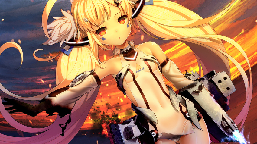 :o ahoge arm_at_side arm_up armpits ass_visible_through_thighs azur_lane bare_shoulders black_gloves blonde_hair blush breasts burnt burnt_clothes cameltoe character_name clothes_writing collarbone commentary_request covered_navel cowboy_shot detached_sleeves dutch_angle eldridge_(azur_lane) electricity explosion facial_mark facial_tattoo fur_trim gloves gradient_hair gradient_sky hair_ornament hairclip highres horizon long_hair looking_at_viewer machinery mole mole_on_thigh multicolored_hair ocean outdoors outstretched_arm panties parted_lips pink_hair red_eyes revision sky sleeveless small_breasts solo standing sunset tattoo twilight twintails underwear very_long_hair white_panties yagitori