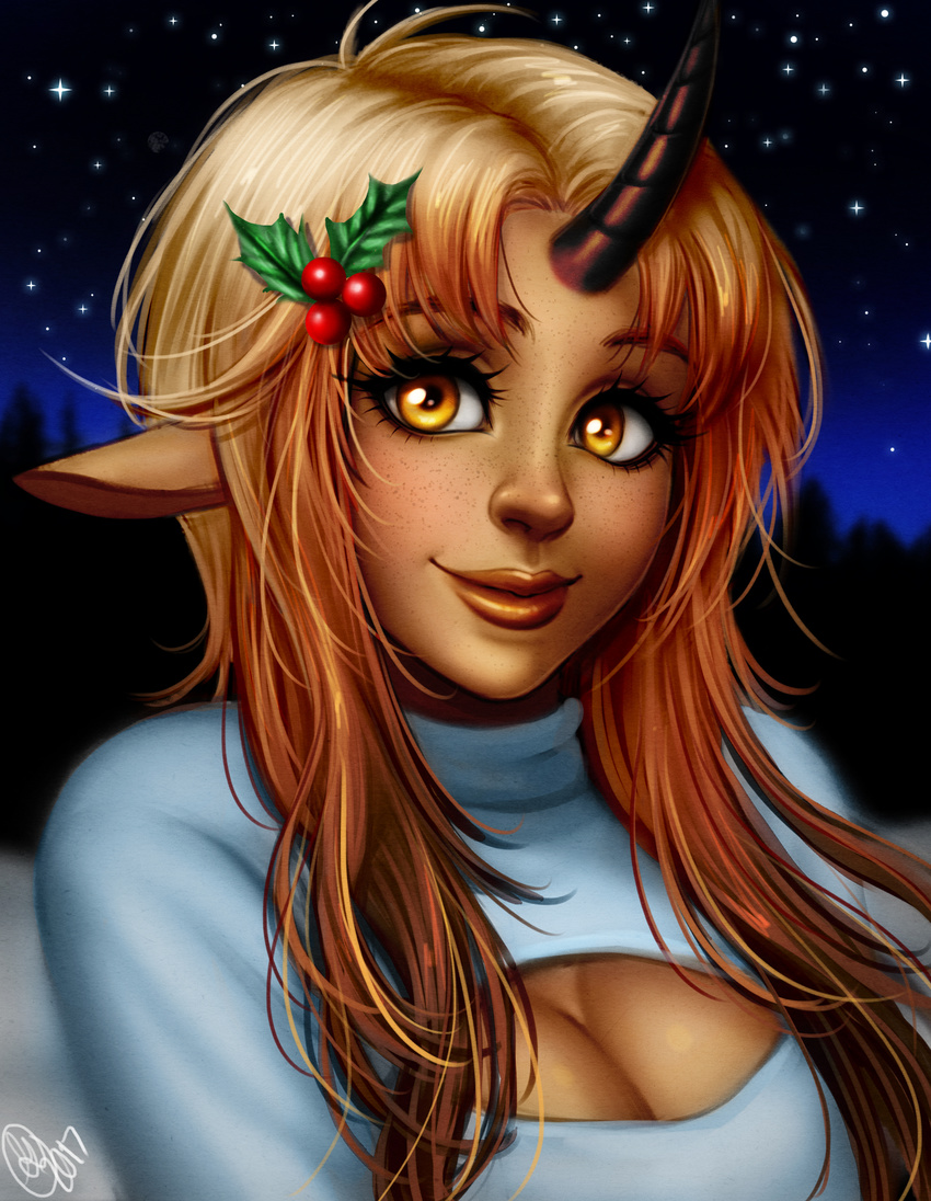 animal_humanoid blonde_hair breasts clothing equine equine_humanoid female hair holly_(plant) horn humanoid keyhole_turtleneck looking_at_viewer mammal night plant portrait sammiegscribbles sky smile solo star starry_sky sweater yellow_eyes