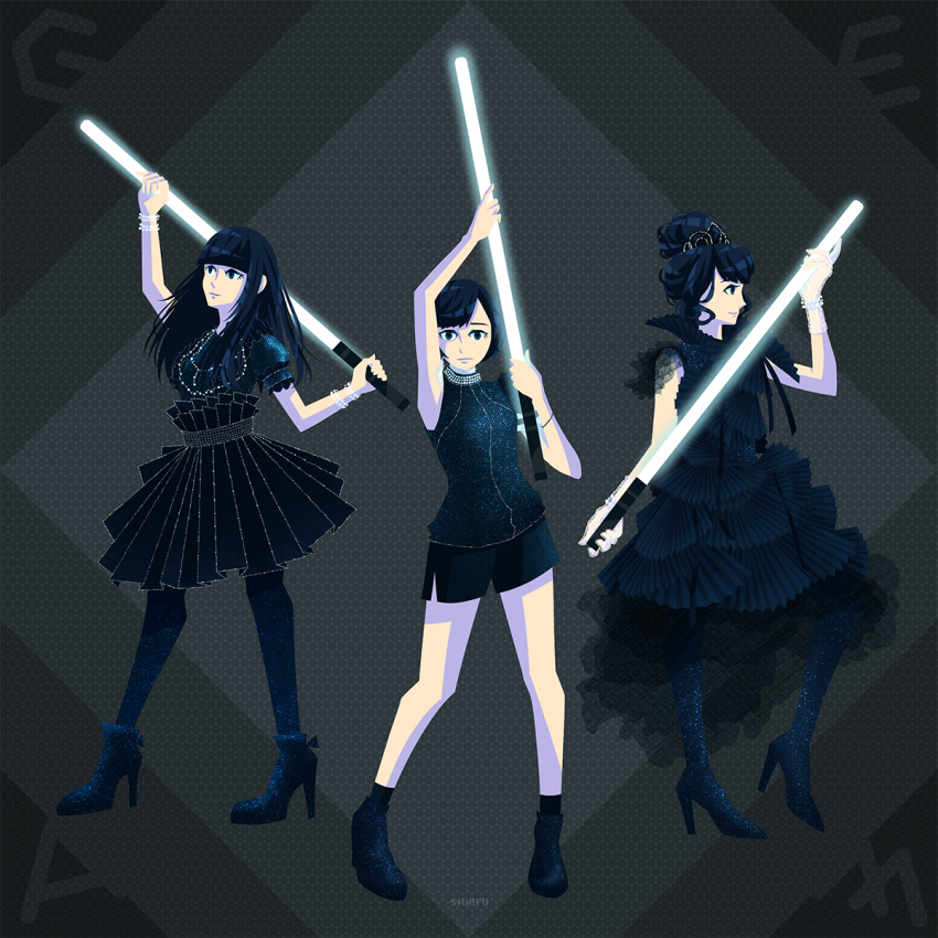 3girls arms_up artist_name a~chan black_dress black_footwear black_hair black_shirt black_shorts boots commentary dress english_commentary full_body game_(album) high-waist_skirt high_heel_boots high_heels highres holding kashiyuka long_hair looking_at_viewer multiple_girls nocchi_(perfume) perfume pleated_skirt shirt short_hair shorts skirt sleeveless sleeveless_shirt stephanie_shih