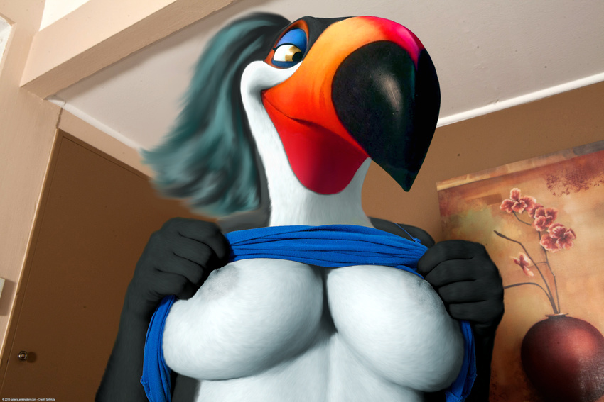 anthro avian bird breasts clothing crocodilianbooty edit feathers female looking_at_viewer nipples photo_manipulation photomorph rafael_(rio) rio shirt toucan