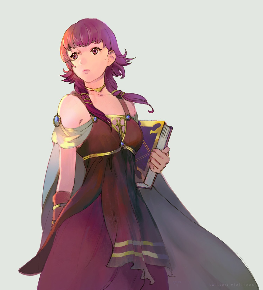 bare_shoulders book boots cape dress fire_emblem fire_emblem:_seima_no_kouseki fire_emblem_heroes highres jewelry long_hair lute_(fire_emblem) purple_eyes purple_hair short_hair simple_background solo twintails