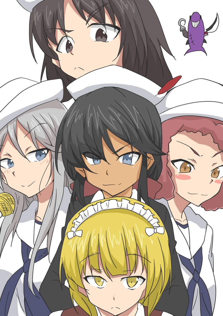 bangs black_cape black_hair black_neckwear blonde_hair blue_neckwear blush_stickers brown_eyes brown_hair cape closed_mouth commentary cutlass_(girls_und_panzer) dark_skin dixie_cup_hat drz_0318 emblem eyebrows_visible_through_hair flint_(girls_und_panzer) frown girls_und_panzer girls_und_panzer_saishuushou grey_eyes grey_hair hat highres hook long_hair looking_at_viewer maid_headdress microphone military_hat multiple_girls murakami_(girls_und_panzer) neckerchief ogin_(girls_und_panzer) ooarai_naval_school_uniform red_hair rum_(girls_und_panzer) sailor scar school_uniform shark shirt short_hair smile smirk sword weapon white_shirt yellow_eyes