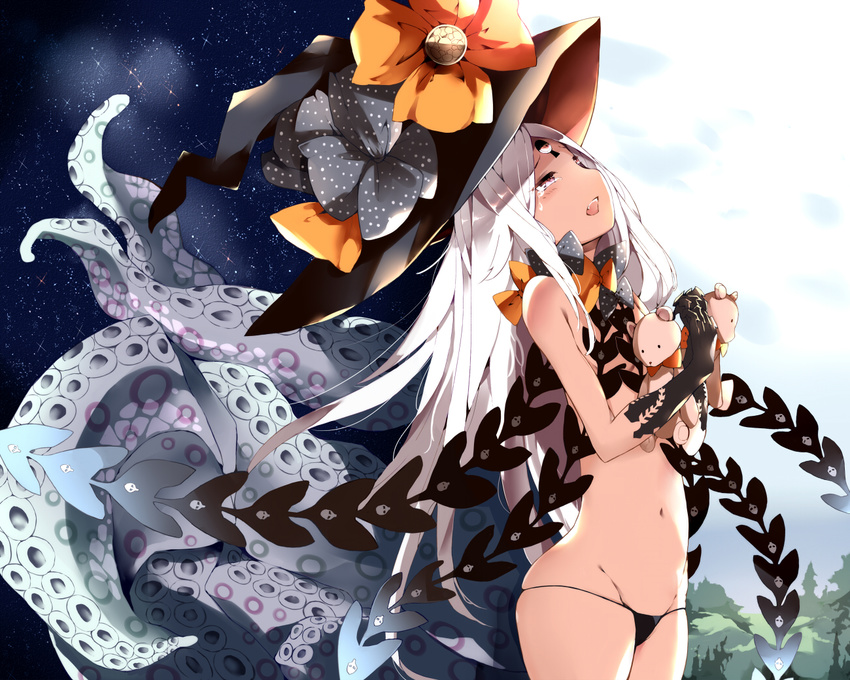 abigail_williams_(fate/grand_order) bangs bare_shoulders black_gloves black_hat black_panties blue_sky blush cowboy_shot crying crying_with_eyes_open day day_and_night elbow_gloves facial_mark fate/grand_order fate_(series) forehead_mark gloves groin half-closed_eyes hat hat_ribbon long_hair looking_away looking_up lowleg lowleg_panties navel night night_sky open_mouth orange_ribbon own_hands_together panties parted_bangs pink_eyes polka_dot_ribbon revealing_clothes ribbon silver_hair sky solo standing star_(sky) starry_sky stuffed_animal stuffed_toy suction_cups tears teddy_bear tentacles thighs topless underwear venomrobo very_long_hair witch_hat