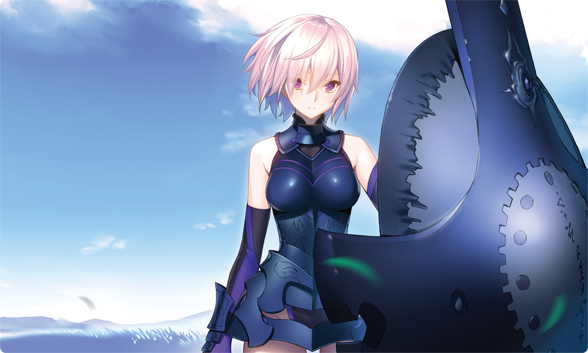 armor bare_shoulders blue_sky blurry breasts cloud cowboy_shot day depth_of_field elbow_gloves eyebrows_visible_through_hair fate/grand_order fate_(series) gloves groin hair_between_eyes leotard light_smile looking_at_viewer mash_kyrielight medium_breasts outdoors pink_hair purple_eyes shield sky solo yangsion