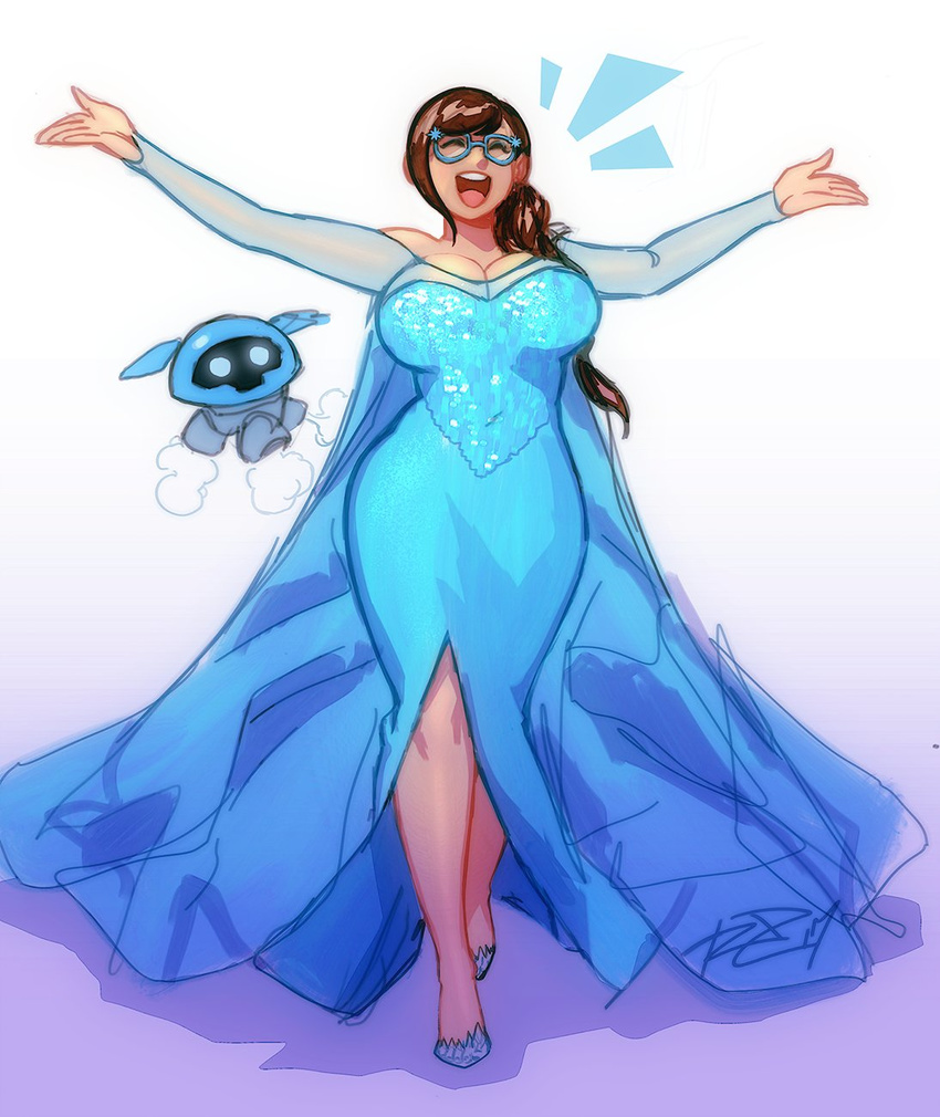 ^_^ alternate_hairstyle blue-framed_eyewear blue_dress breasts cleavage closed_eyes commentary cosplay curvy dress drone elsa_(frozen) elsa_(frozen)_(cosplay) frozen_(disney) full_body glasses hair_over_shoulder highres large_breasts long_dress long_hair mei_(overwatch) music open_mouth outstretched_arms overwatch robert_porter see-through singing snowball_(overwatch) solo walking