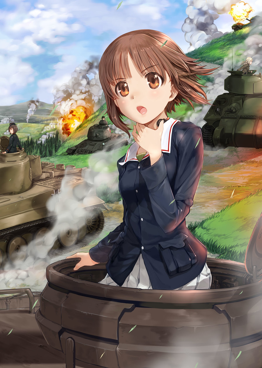 battle black_jacket blue_jacket blue_sky brown_eyes brown_hair churchill_(tank) cloud commentary_request day explosion firing garrison_cap girls_und_panzer grass ground_vehicle hat highres jacket katyusha kay_(girls_und_panzer) kuromorimine_military_uniform long_sleeves m4_sherman mikazuki_akira! military military_uniform military_vehicle motor_vehicle multiple_girls nishizumi_maho nishizumi_miho ooarai_military_uniform outdoors panzerkampfwagen_iv pleated_skirt pravda_military_uniform saunders_military_uniform shirt short_hair skirt sky smoke t-34-85 tank throat_microphone tiger_i uniform white_skirt