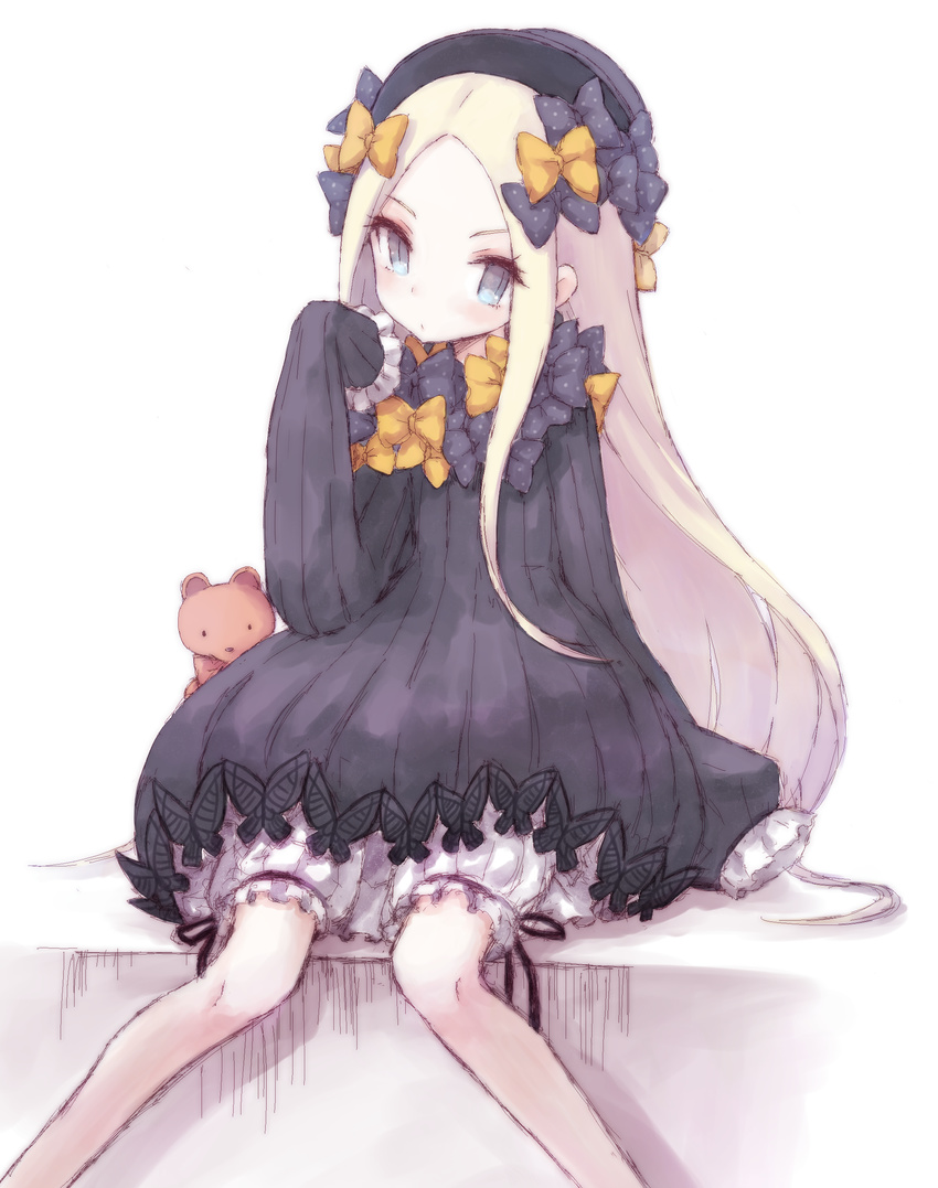 abigail_williams_(fate/grand_order) absurdres bad_id bad_pixiv_id bangs black_bow black_dress black_hat blonde_hair bloomers blue_eyes blush bow bug buran_(kure) butterfly closed_mouth commentary_request dress fate/grand_order fate_(series) hair_bow hat highres insect long_hair long_sleeves looking_at_viewer orange_bow parted_bangs polka_dot polka_dot_bow simple_background sitting sleeves_past_wrists solo stuffed_animal stuffed_toy teddy_bear underwear v-shaped_eyebrows very_long_hair white_background white_bloomers