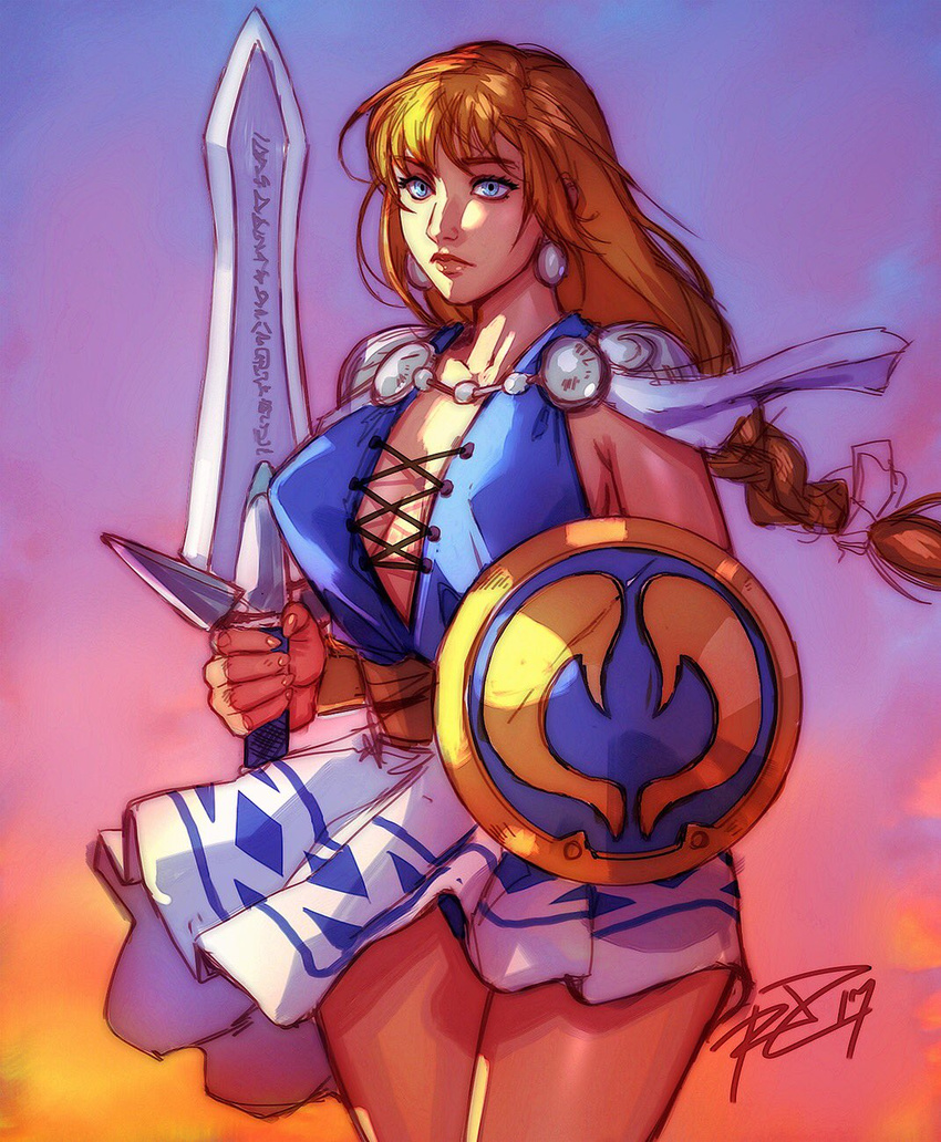 blonde_hair blue_eyes braid breasts breasts_apart earrings highres holding holding_weapon jewelry large_breasts lips long_hair looking_at_viewer miniskirt no_bra robert_porter shield sideboob signature single_braid skirt solo sophitia_alexandra soulcalibur soulcalibur_ii sword weapon white_skirt