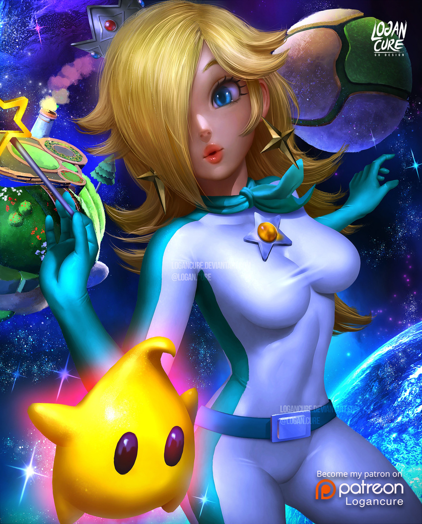 absurdres biker_clothes bikesuit blonde_hair bodysuit chiko_(mario) crown earrings hair_over_one_eye highres jewelry logan_cure long_hair mario_(series) mario_kart nintendo planet rosetta_(mario) skin_tight star star_earrings super_mario_bros. super_mario_galaxy universe