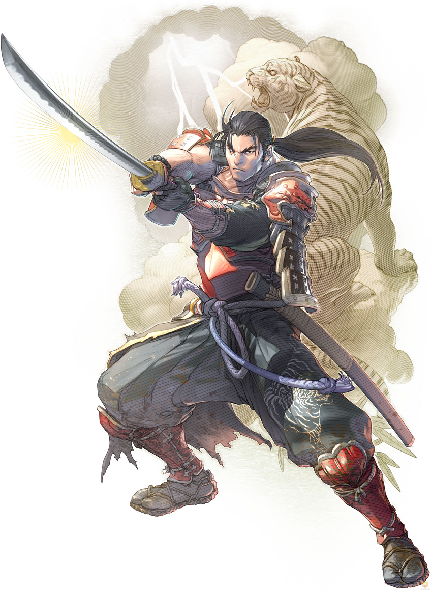 absurdres armor black_hair cloud full_body hakama_pants highres holding holding_weapon japanese_armor japanese_clothes katana kawano_takuji kote lightning male_focus mitsurugi_heishirou ponytail rope_belt samurai sandals sheath shoulder_armor sode solo soulcalibur soulcalibur_vi sword tiger weapon