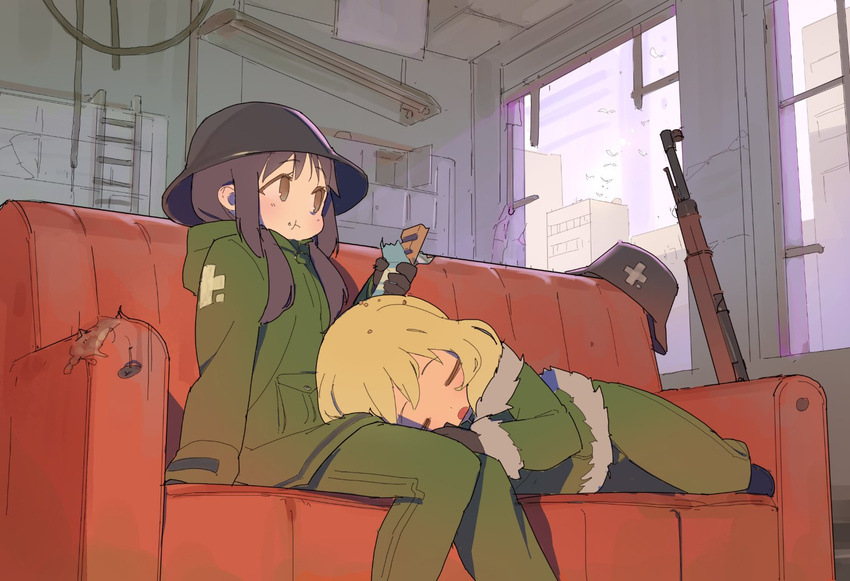 black_hair blonde_hair brodie_helmet chito_(shoujo_shuumatsu_ryokou) closed_eyes commentary crumbs eating gun headwear_removed helmet helmet_removed highres lap_pillow military military_uniform multiple_girls open_mouth rations rifle shoujo_shuumatsu_ryokou sleeping stahlhelm tim_loechner uniform weapon yuri yuuri_(shoujo_shuumatsu_ryokou)