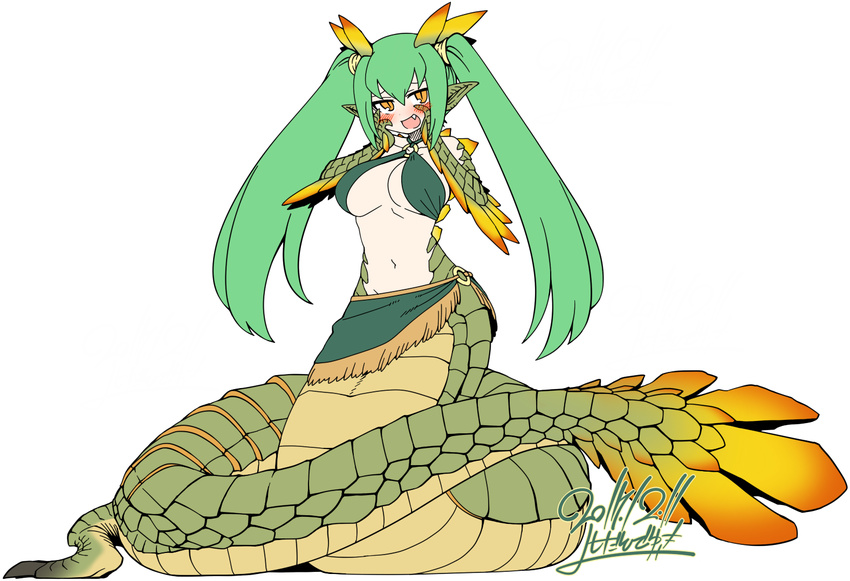 2017 animal_humanoid blush bra breasts capcom clothed clothing fangs female green_hair green_scales hair humanoid long_hair monster_hunter naga najarala navel open_mouth orange_eyes pigtails reptile scales scalie signature skirt snake solo teeth under_boob underwear video_games watermark yoshida_hideyuki