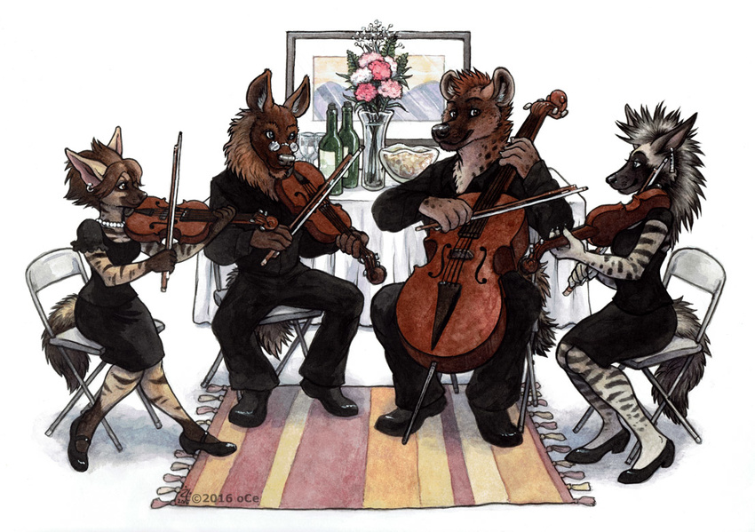 aardwolf amara_telgemeier black_clothing black_dress brown_fur brown_hyena cello chair clothed clothing ears_up eyewear female flower footwear fur glasses grey_fur group hair hyena male mammal mane musical_instrument musician plant rug shoes simple_background sitting spotted_hyena striped_fur striped_hyena stripes suite table violin white_background