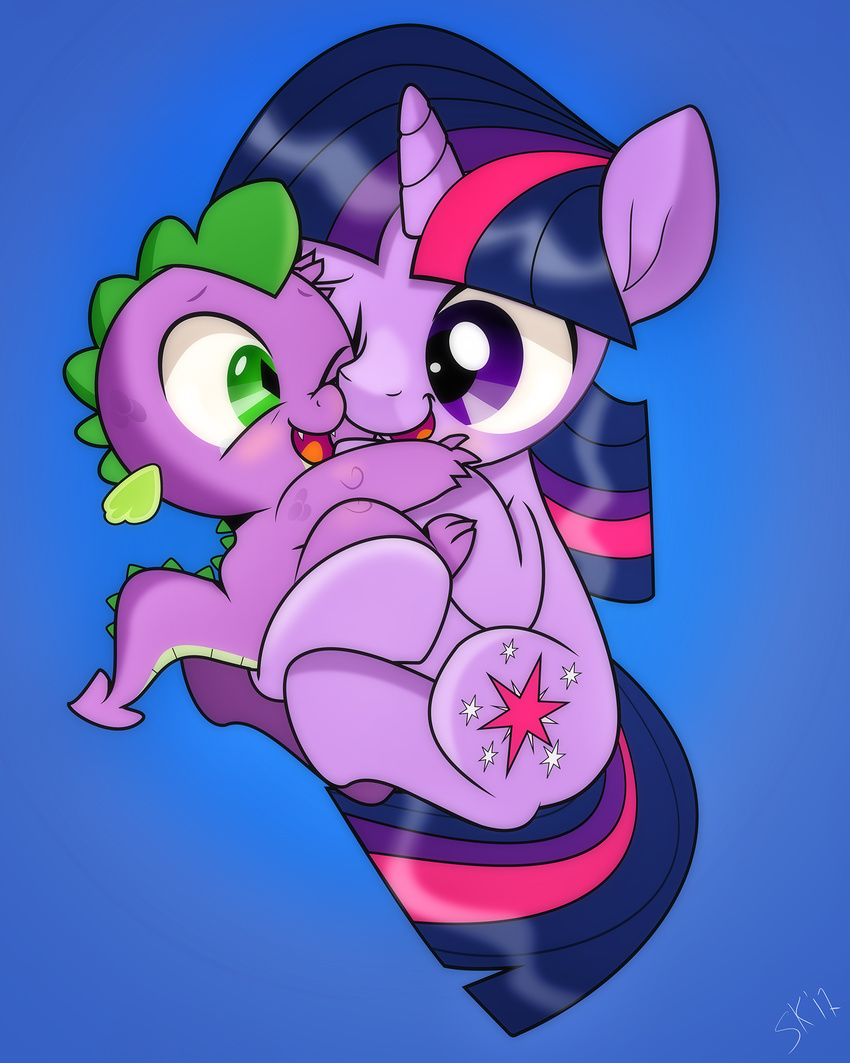 2017 blue_background blush cub cuddling cute cutie_mark dragon dsana duo equine fangs female friendship_is_magic green_eyes hair horn hug male mammal multicolored_hair my_little_pony open_mouth purple_eyes simple_background slit_pupils spike_(mlp) tongue twilight_sparkle_(mlp) unicorn young