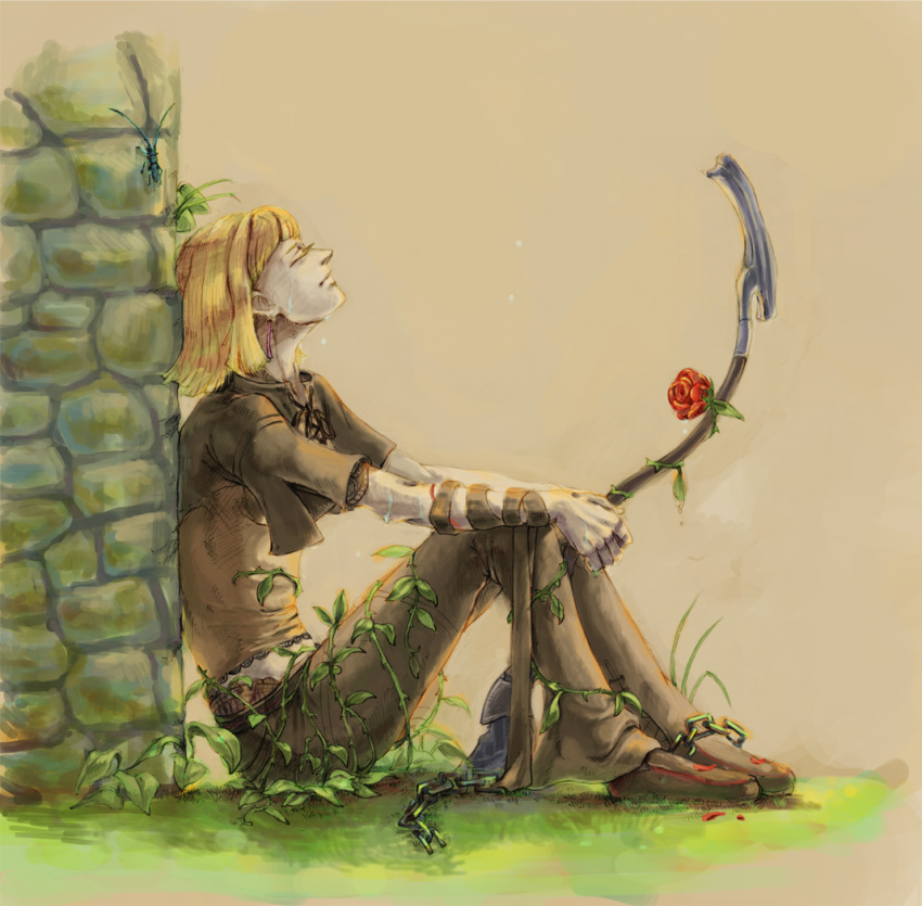 1girl against_wall bangs blonde_hair blunt_bangs blunt_ends breasts brick_wall broken broken_chain bug chain chains closed_mouth commentary_request drag-on_dragoon drag-on_dragoon_2 eyes_closed facing_up fantasy from_side full_body graphite_(medium) holding insect manah overgrown pants plant profile short_bangs short_hair short_sleeves solo sunakawa_mizuchi traditional_media vines yellow yellow_background