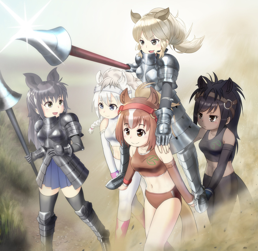 animal_ears armor bad_id bad_pixiv_id black_legwear black_rhinoceros_(kemono_friends) black_sports_bra blue_skirt bridle brown_sports_bra brown_thoroughbred_(kemono_friends) chestnut_thoroughbred_(kemono_friends) commentary extra_ears eyebrows_visible_through_hair gloves highres horizontal_pupils horizontal_stripes horse_ears horse_girl horse_tail japan_racing_association kemono_friends kibasen lance logo long_hair miniskirt multiple_girls pleated_skirt polearm single_vertical_stripe skirt skygun sports_bra sportswear striped tail thighhighs walking weapon white_legwear white_rhinoceros_(kemono_friends) white_sports_bra white_thoroughbred_(kemono_friends) zettai_ryouiki