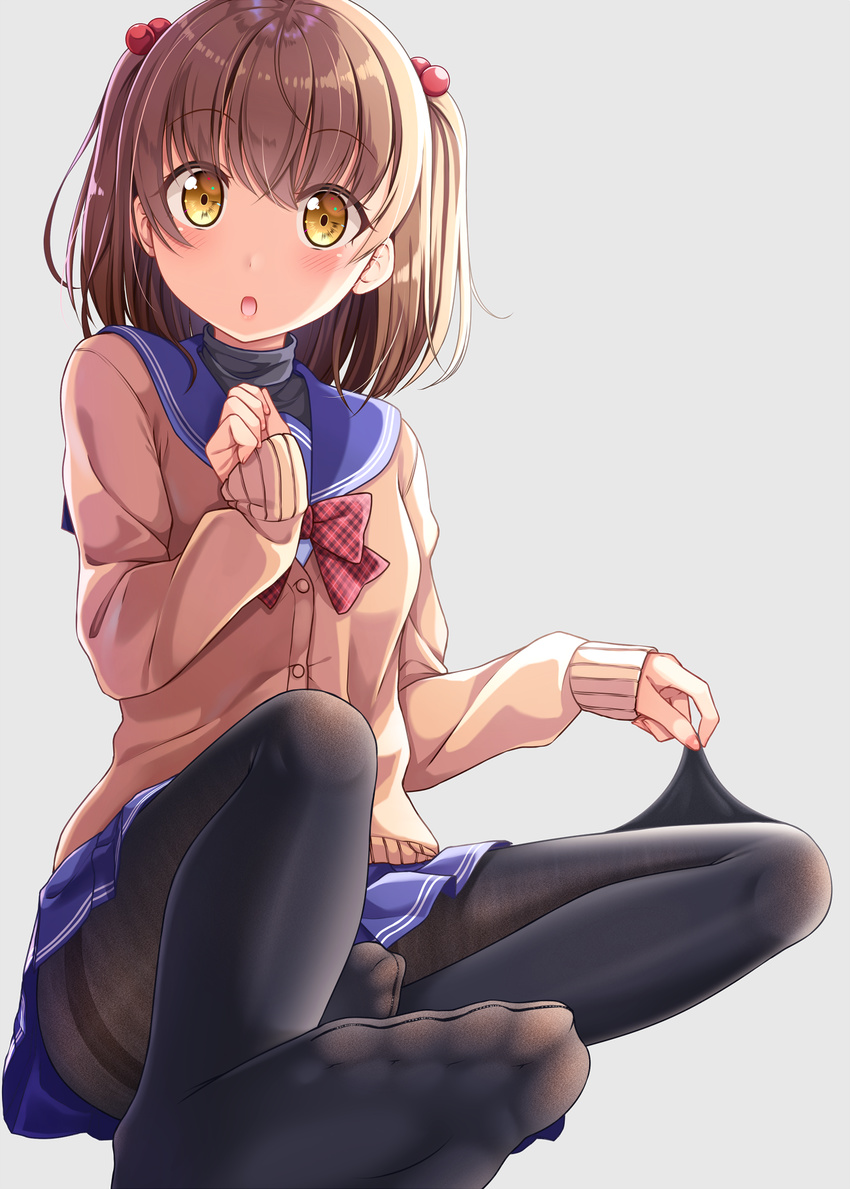 :o ashida_machi bangs black_legwear blue_skirt bow bowtie brown_hair brown_jacket clothes_tug eyebrows_visible_through_hair feet grey_background gurande_(g-size) hair_bobbles hair_ornament hand_on_own_chest highres jacket long_sleeves looking_at_viewer miniskirt no_shoes open_mouth original pantyhose pantyhose_tug plaid plaid_bow plaid_neckwear red_bow red_neckwear shiny shiny_hair short_hair simple_background sitting skirt sleeves_past_wrists soles solo tareme thighband_pantyhose two_side_up yellow_eyes