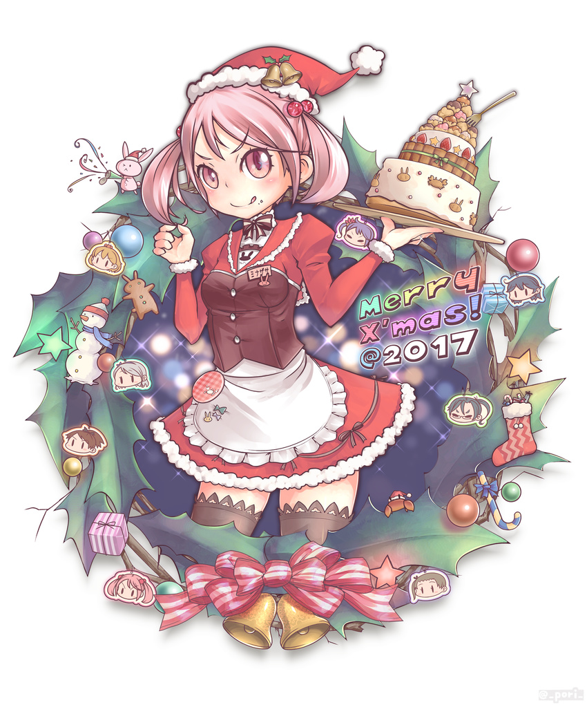 &gt;:) akebono_(kantai_collection) alternate_costume amagiri_(kantai_collection) ayanami_(kantai_collection) bell cake commentary_request dress food fork hair_bobbles hair_ornament hat highres holding juliet_sleeves kantai_collection long_sleeves name_tag oboro_(kantai_collection) pink_eyes pink_hair pori_(poritan81) puffy_sleeves red_dress sagiri_(kantai_collection) santa_hat sazanami_(kantai_collection) shikinami_(kantai_collection) short_hair simple_background solo tongue tongue_out twintails ushio_(kantai_collection) v-shaped_eyebrows white_background