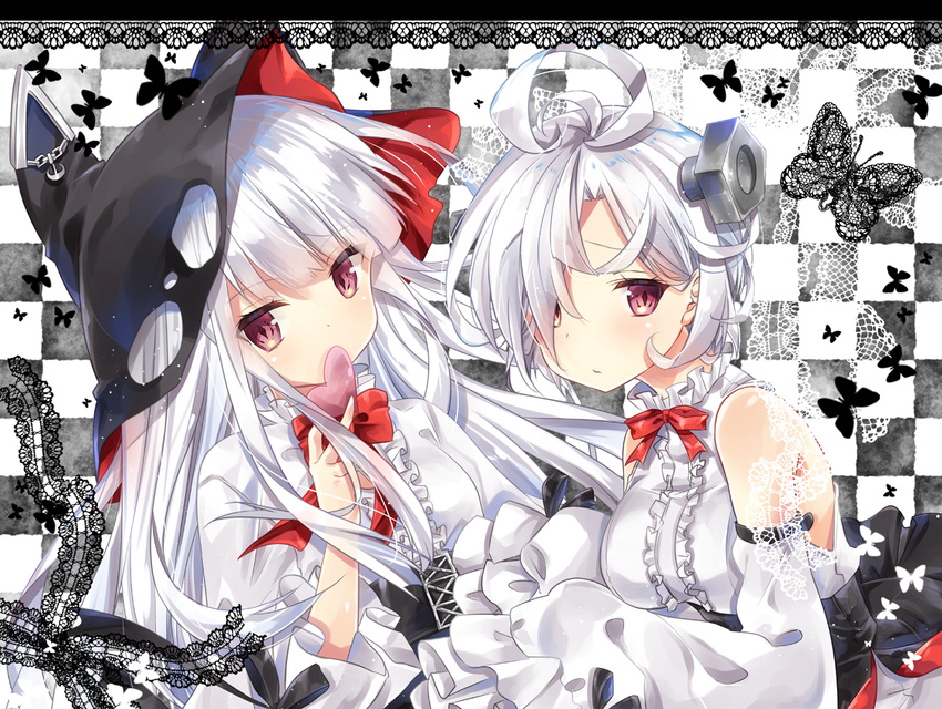 ahoge animal_hat azur_lane bangs bare_shoulders black_hat black_skirt blush bolt bow bowtie bug butterfly center_frills checkered checkered_background closed_mouth commentary_request detached_sleeves erebus_(azur_lane) eyebrows_visible_through_hair frills hair_over_one_eye hat head_tilt heart holding holding_heart insect kurun_(kurun777) lace_border long_hair looking_at_viewer multiple_girls pink_eyes red_neckwear shirt short_hair silver_hair skirt sleeves_past_wrists terror_(azur_lane) torn_clothes torn_hat very_long_hair white_shirt