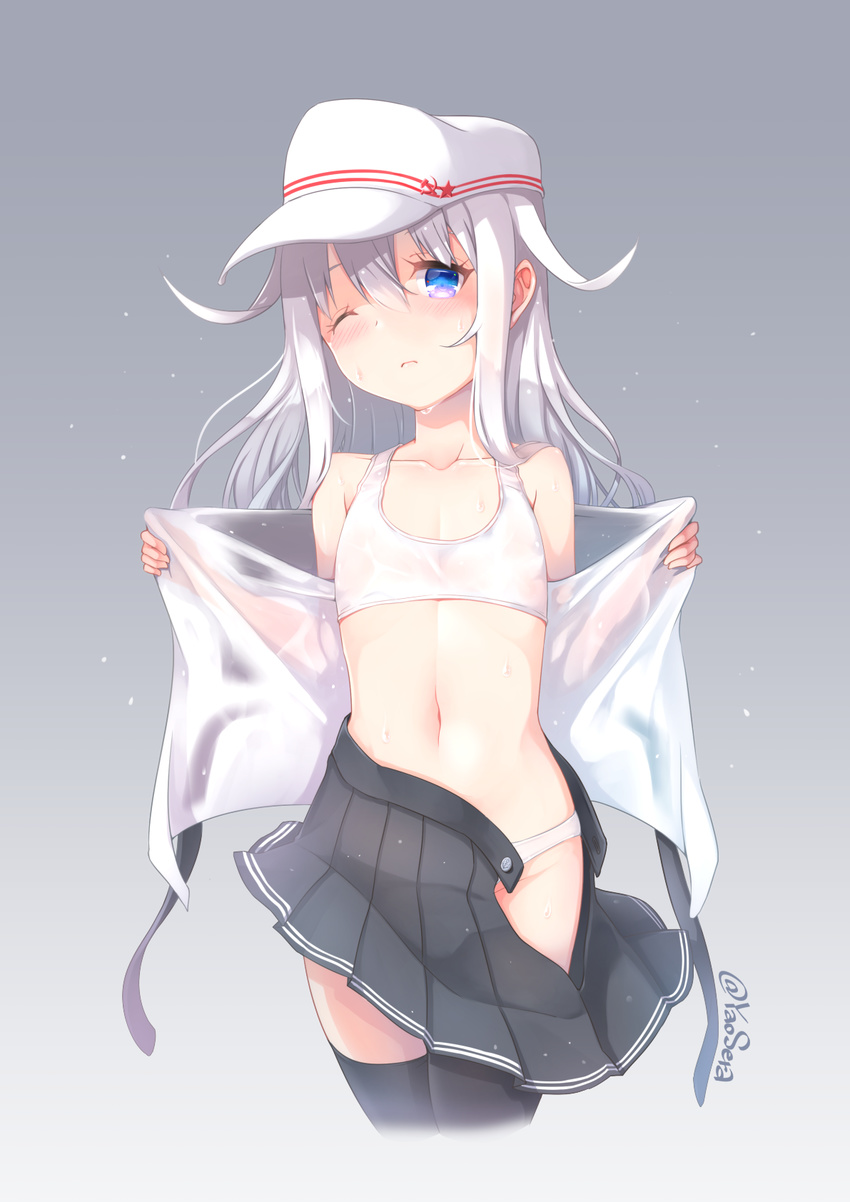 ;( bare_shoulders black_legwear black_skirt blue_eyes blush bra closed_mouth collarbone cowboy_shot cropped_legs flat_cap flat_chest frown grey_background groin hairband hammer_and_sickle hat head_tilt hibiki_(kantai_collection) highres kantai_collection long_hair looking_at_viewer navel off_shoulder one_eye_closed open_clothes open_fly open_shirt panties panty_peek pleated_skirt revision see-through shirt silver_hair simple_background skirt skirt_pull solo sports_bra standing stomach thighhighs twitter_username unbuttoned underwear undressing verniy_(kantai_collection) water water_drop wet wet_clothes wet_shirt white_bra white_hat white_panties yaosera