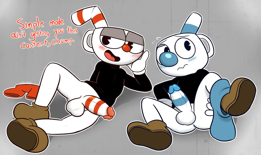 animate_inanimate anthro anus balls black_eyes blush bottomless brothers butt clothed clothing cup cuphead_(character) cuphead_(game) dialogue english_text erection felino footwear gloves half-closed_eyes hi_res humanoid_penis looking_at_viewer lying male mugman object_head on_side open_mouth penis presenting presenting_anus presenting_hindquarters presenting_penis raised_leg shirt shoes shorts sibling smile spread_legs spreading straw text tongue video_games young