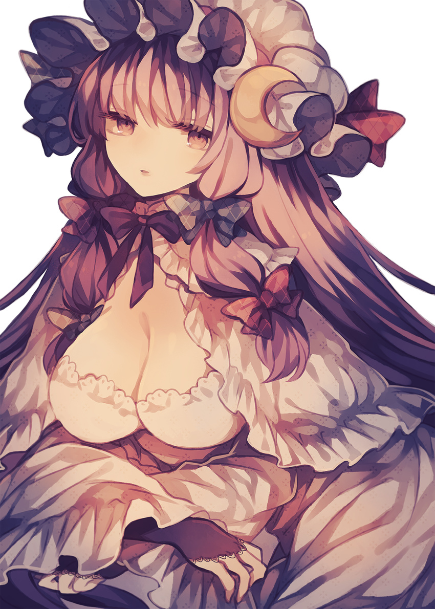 blue_bow bow breasts bridal_gauntlets capelet cleavage crescent crescent_moon_pin expressionless hair_bow hat highres large_breasts long_hair looking_at_viewer mob_cap patchouli_knowledge purple_eyes purple_hair red_bow simple_background solo touhou upper_body very_long_hair white_background wiriam07