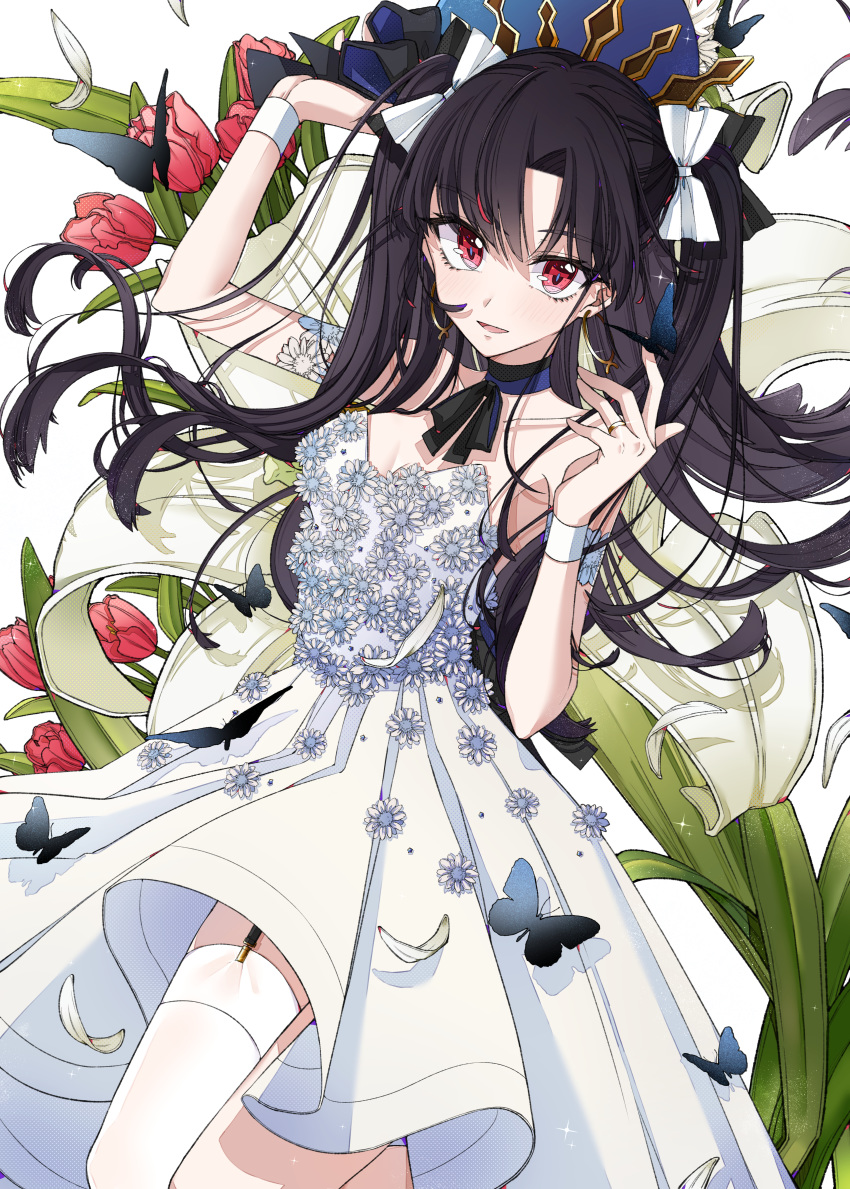1girl absurdres arm_up asymmetrical_legwear bangs bare_shoulders black_bow blush bow breasts brown_hair bug butterfly collarbone commentary_request dress earrings eyebrows_visible_through_hair fate/grand_order fate_(series) flower garter_straps hair_between_eyes hair_bow hand_up highres hoop_earrings huge_filesize insect ishtar_(fate/grand_order) jewelry long_hair looking_at_viewer osanai parted_lips petals pleated_dress red_eyes red_flower ring simple_background single_thighhigh small_breasts smile solo strapless strapless_dress thighhighs tiara very_long_hair white_background white_bow white_dress white_flower white_legwear